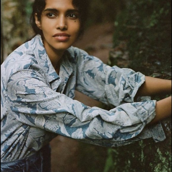 Antropologie Corduroy Paisely Blue and White Pattern Button Down Chore Shirt - Picture 2 of 9